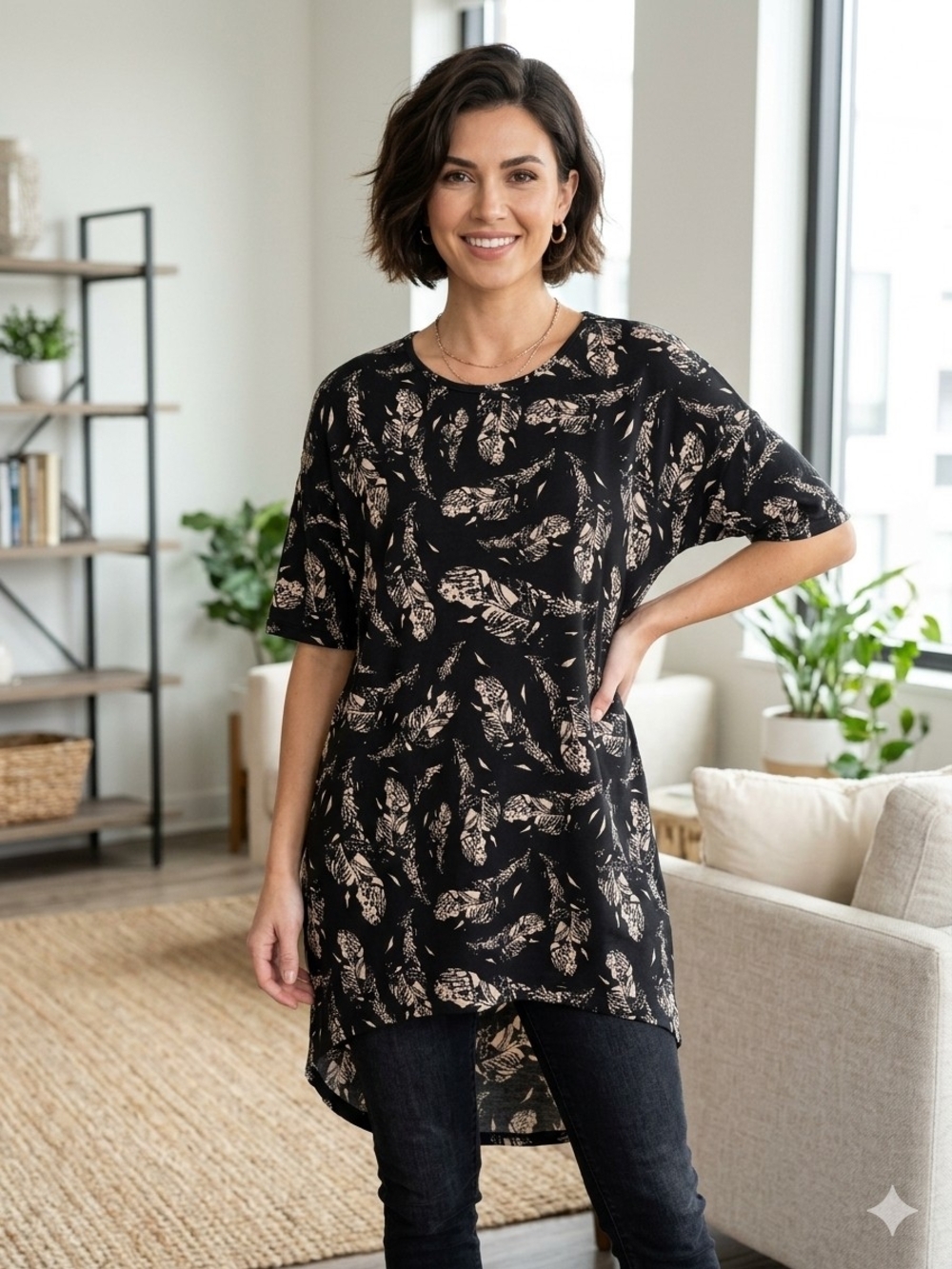 LuLaRoe Black Tunic Top with Cream Feather Print